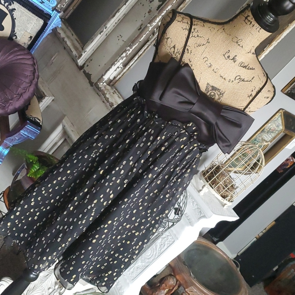 Betsey Johnson evening silk bow gold flecks dress